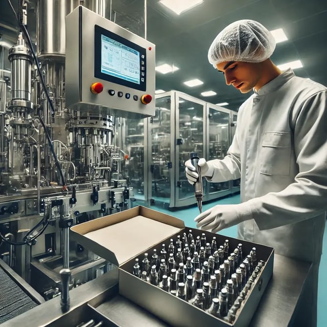 DALL·E 2025-03-12 16.12.32 - A professional industrial setting featuring a technician performing maintenance on a liquid filling machine. The technician is wearing protective glov