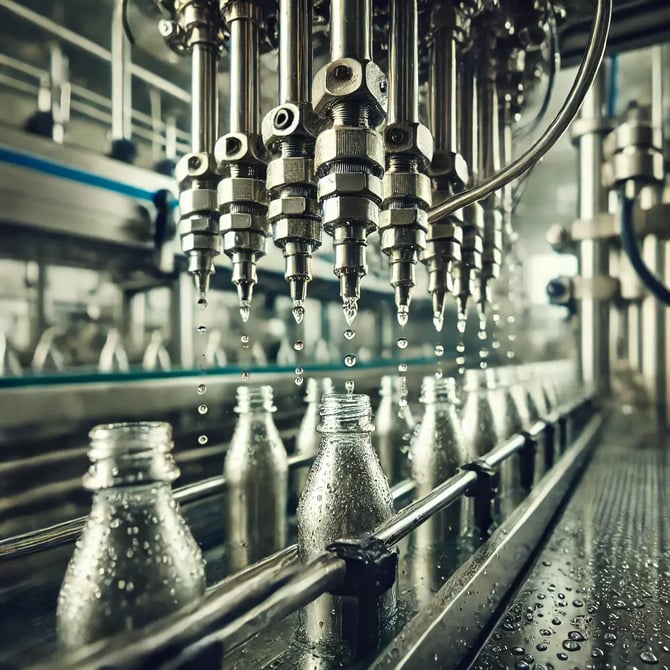 DALL·E 2025-03-12 16.14.36 - An industrial liquid filling machine experiencing dripping issues. The image shows a close-up of the filling nozzles with small droplets forming and f